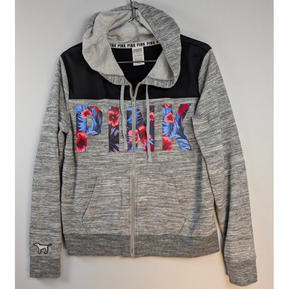 PINK Victoria's Secret Gray Hoodie LG Tropical Spell Out Dog Logo‎ Surfer Beach